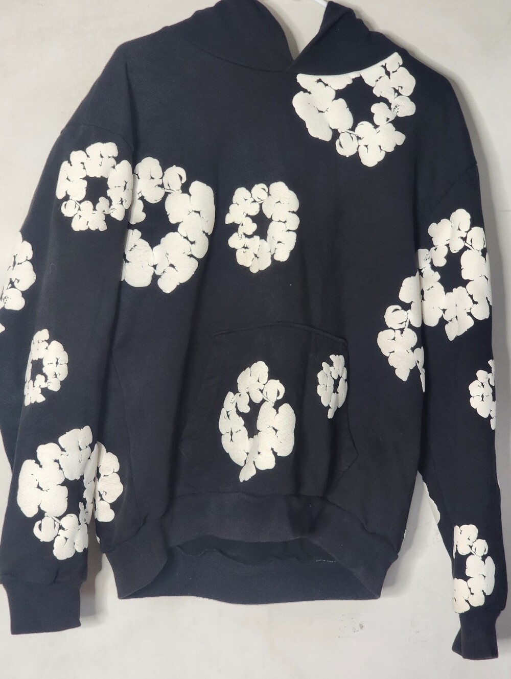 Demin Tears Unisex Black Crewneck Hoodie Sweater with White Floral Print